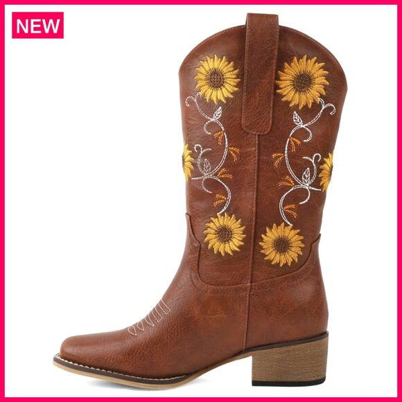 Square Toe Cowboy Boots with Sunflower Embroidery Chunky Heel Mid Calf - Picture 3 of 6